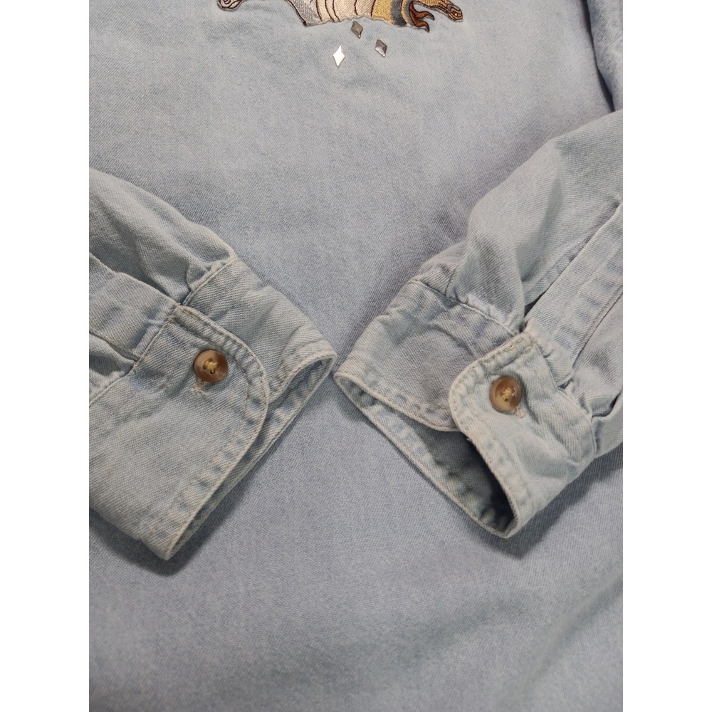 Vintage 90s Horse Embroidered Denim Button Up Shirt S Western Cowgirl Coastal - Picture 12 of 12
